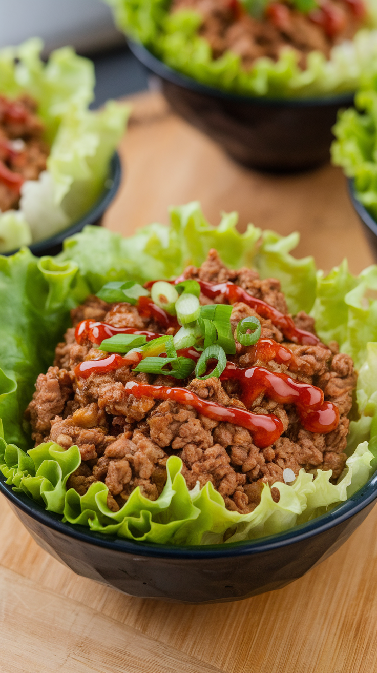 Bowl of spicy beef served in lettuce wraps with green onions and sauce