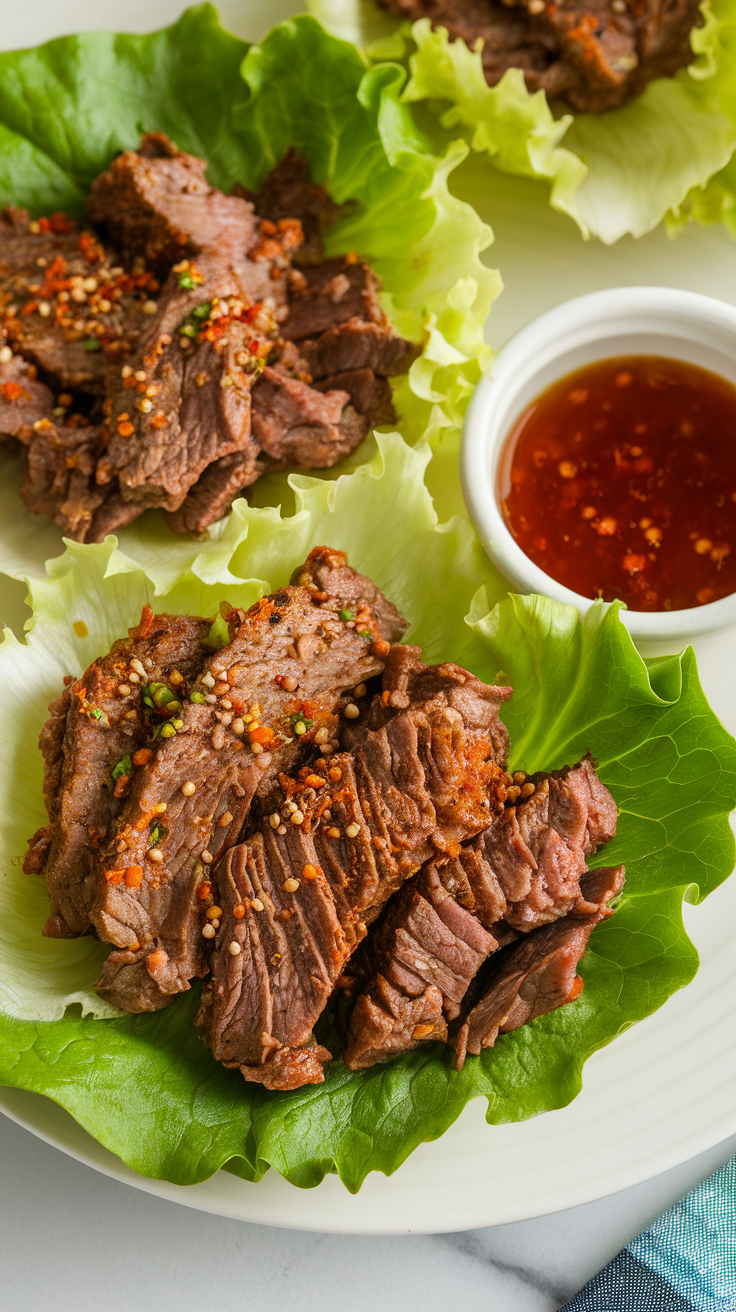 Delicious spicy beef lettuce wraps with dipping sauce