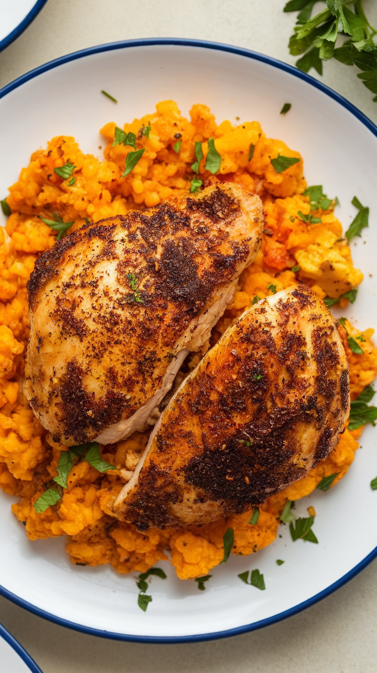 Delicious spicy cajun chicken served on a bed of cauliflower rice, garnished with herbs.