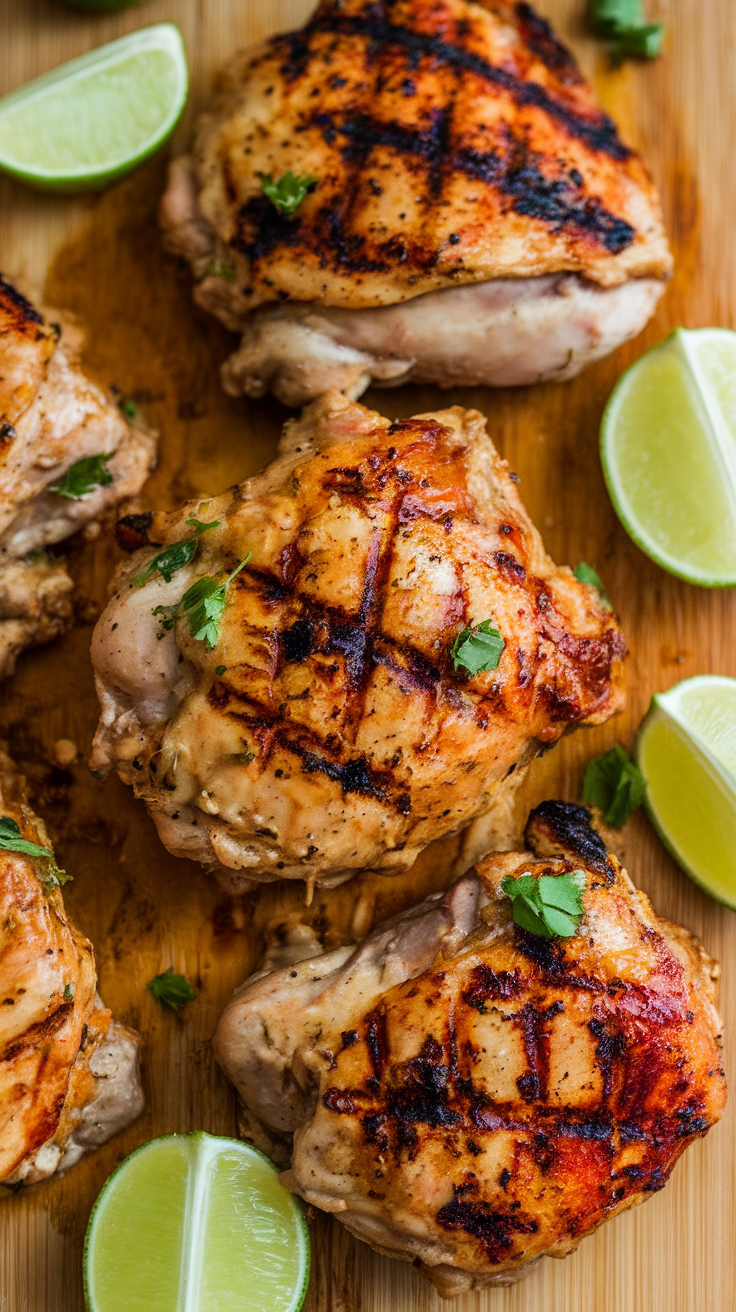 Grilled spicy chipotle lime chicken thighs with lime wedges.