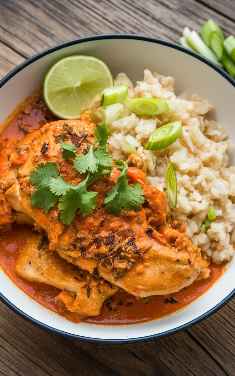 A bowl of spicy coconut curry chicken with lime and cauliflower rice.