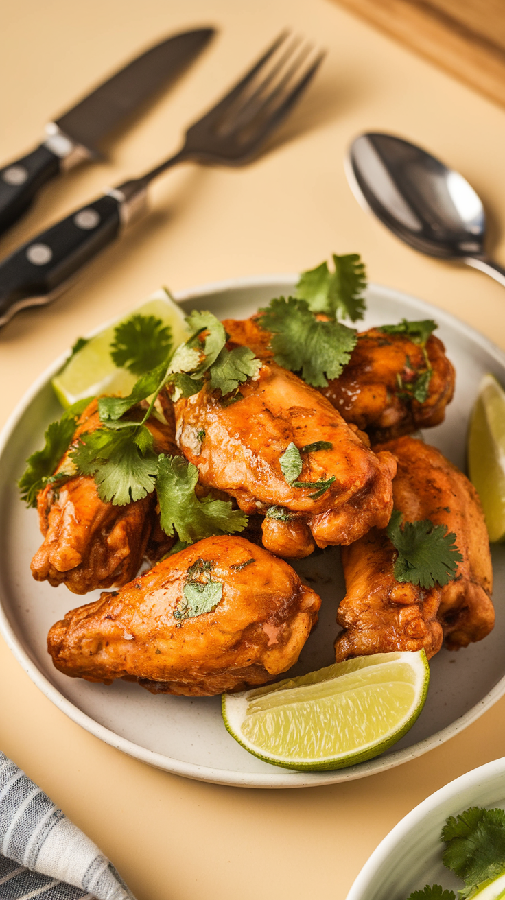 Plate of spicy garlic lime chicken wings garnished with cilantro and lime wedges