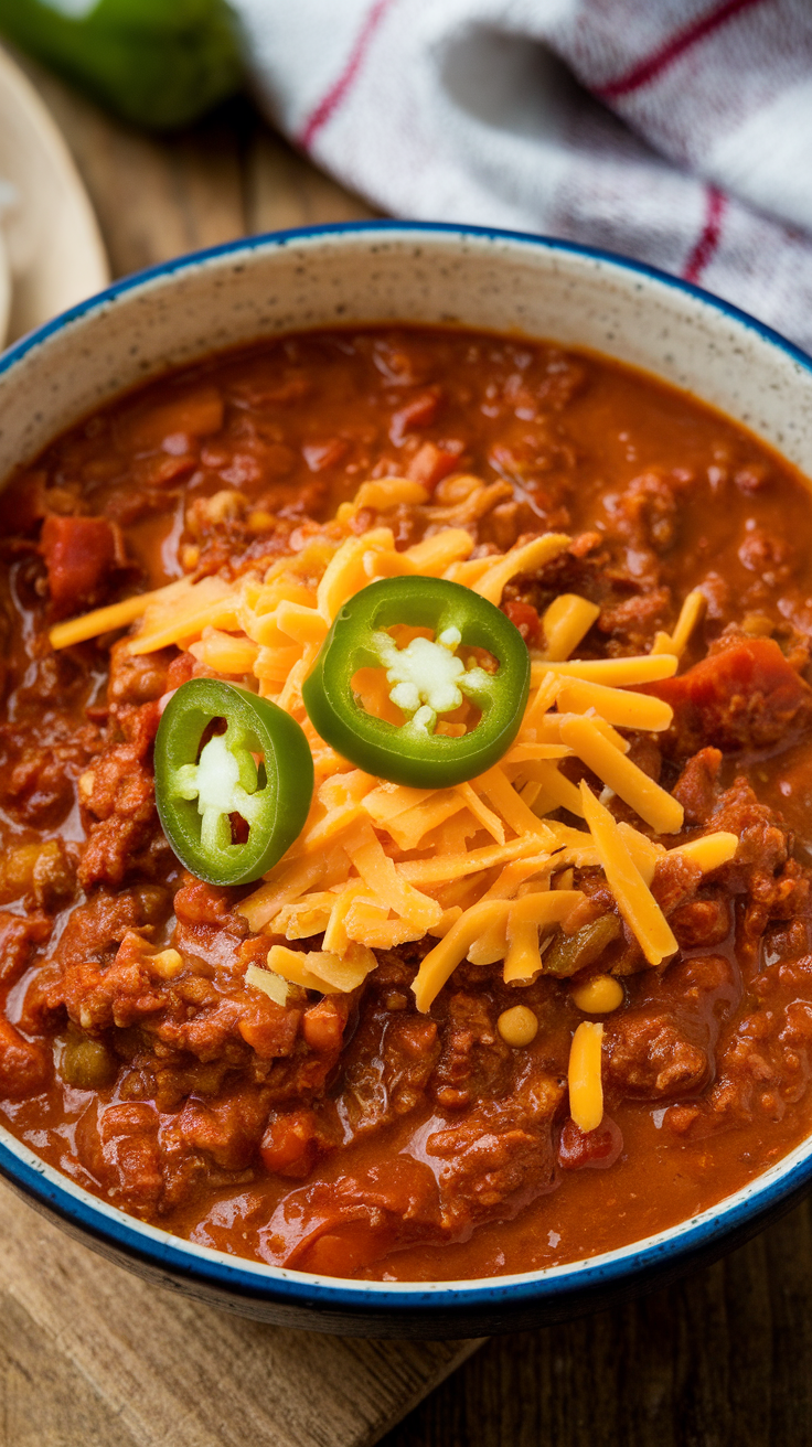 A bowl of spicy keto beef chili topped with shredded cheese and jalapeño slices.