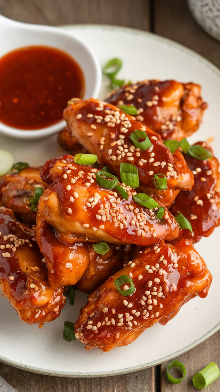 A plate of spicy Korean BBQ chicken wings garnished with sesame seeds and green onions, served with a side of dipping sauce.