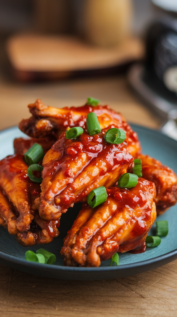 Plate of spicy Korean BBQ chicken wings garnished with green onions