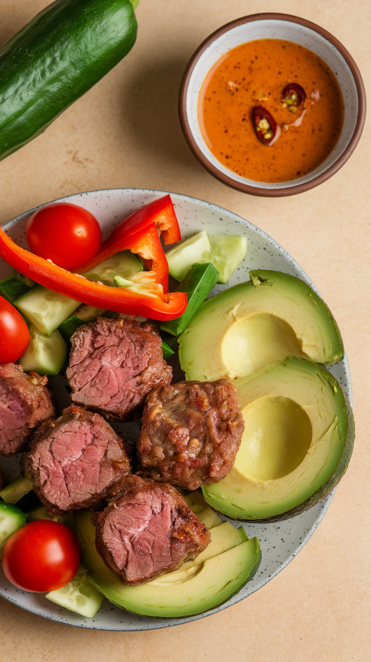 A plate of spicy lamb and avocado salad with colorful vegetables