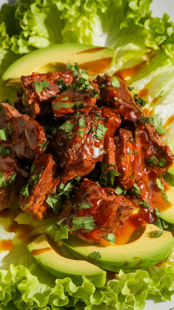 A vibrant spicy lamb and avocado salad on a bed of lettuce.