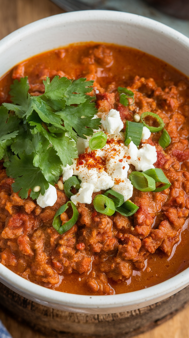 A bowl of spicy lamb chili topped with cilantro, green onions, and a dollop of white cheese.