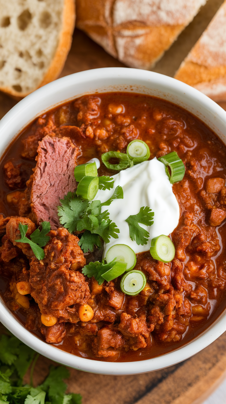 A bowl of Spicy Lamb Chili topped with green onions and cilantro, with bread on the side.