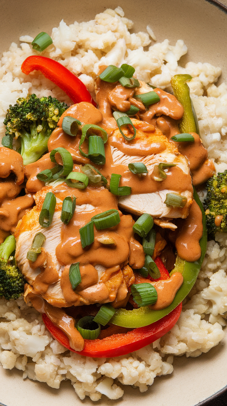 A delicious bowl of Spicy Peanut Butter Chicken Stir-Fry with chicken, broccoli, bell peppers, and peanut sauce over rice.