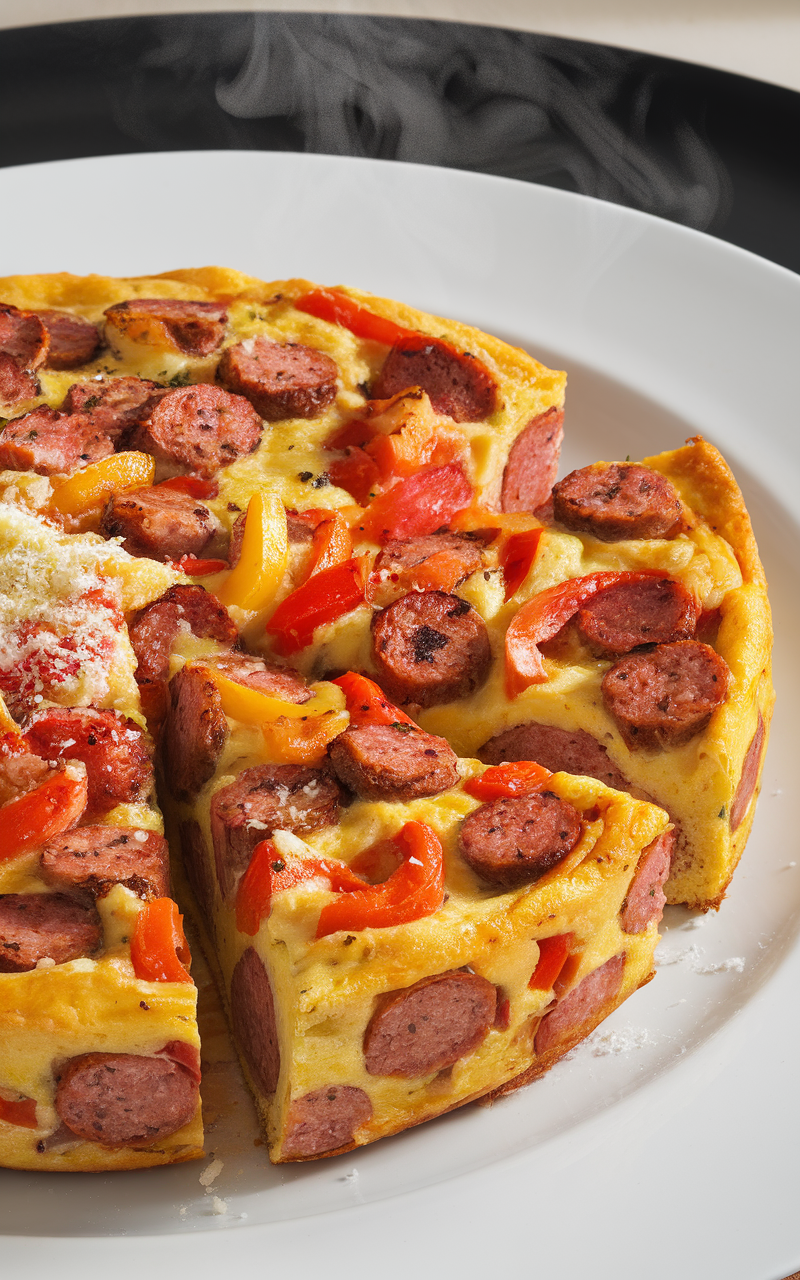 A delicious Spicy Pork Sausage Frittata with red and yellow bell peppers, sliced sausage, and a fluffy egg base, served on a white plate.