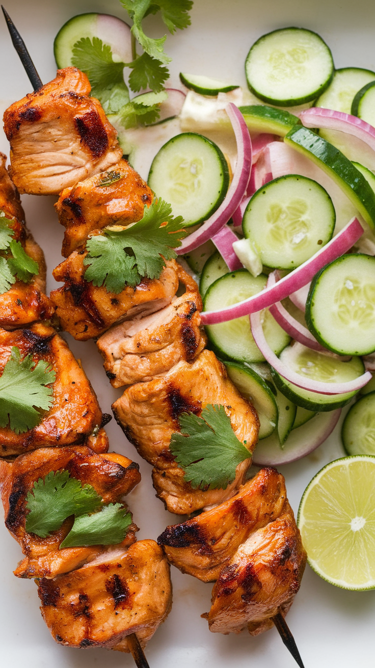 Grilled chicken skewers with cilantro and lime, served with sliced cucumbers and red onions.