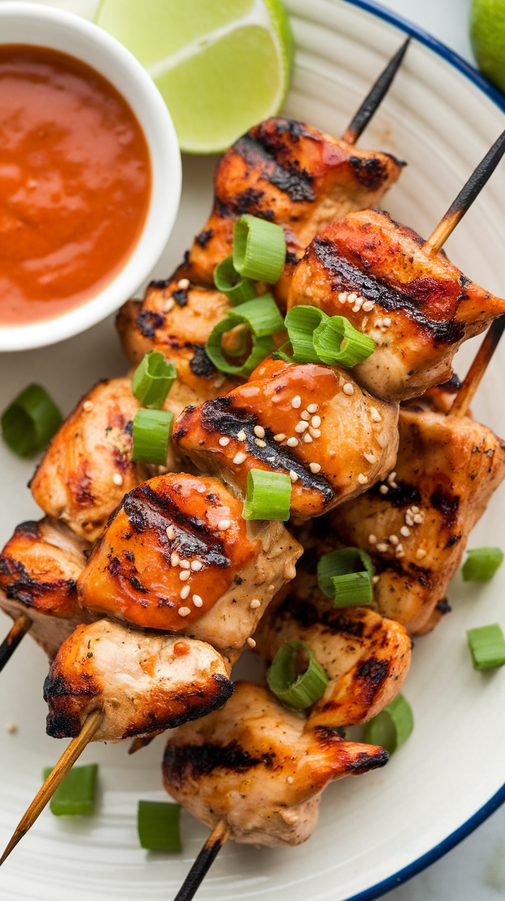 A plate of grilled chicken skewers topped with green onions and served with a dipping sauce