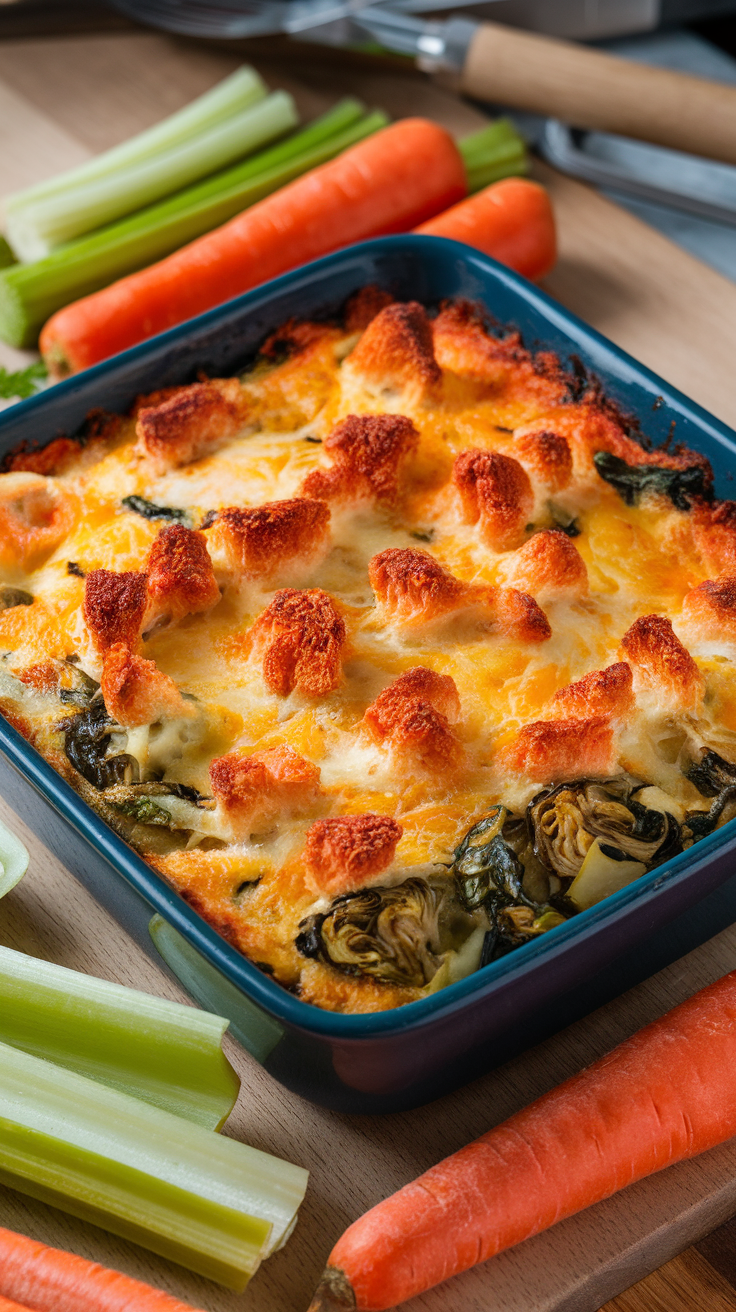 A cheesy baked spinach and artichoke dip in a blue dish, surrounded by fresh celery and carrots.