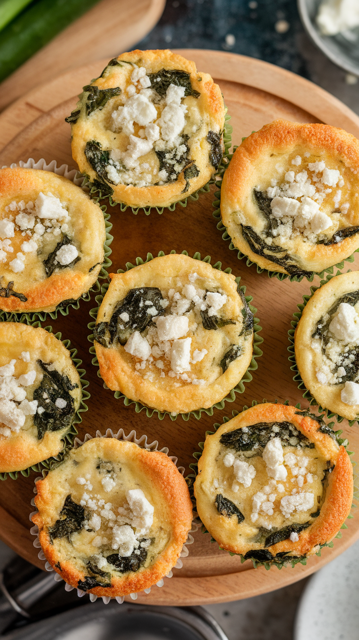 A close-up of Spinach & Feta Keto Egg Muffins on a wooden platter.