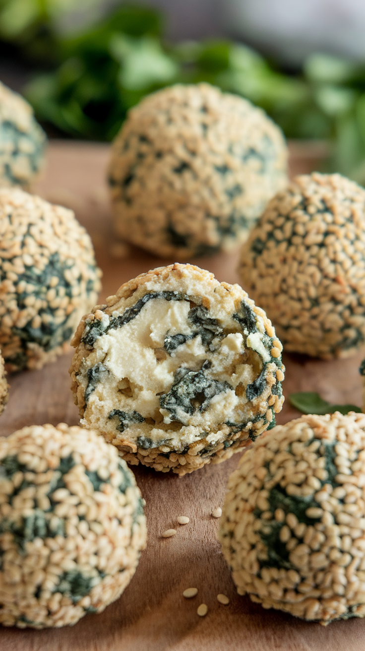 Spinach and feta fat bombs rolled in sesame seeds