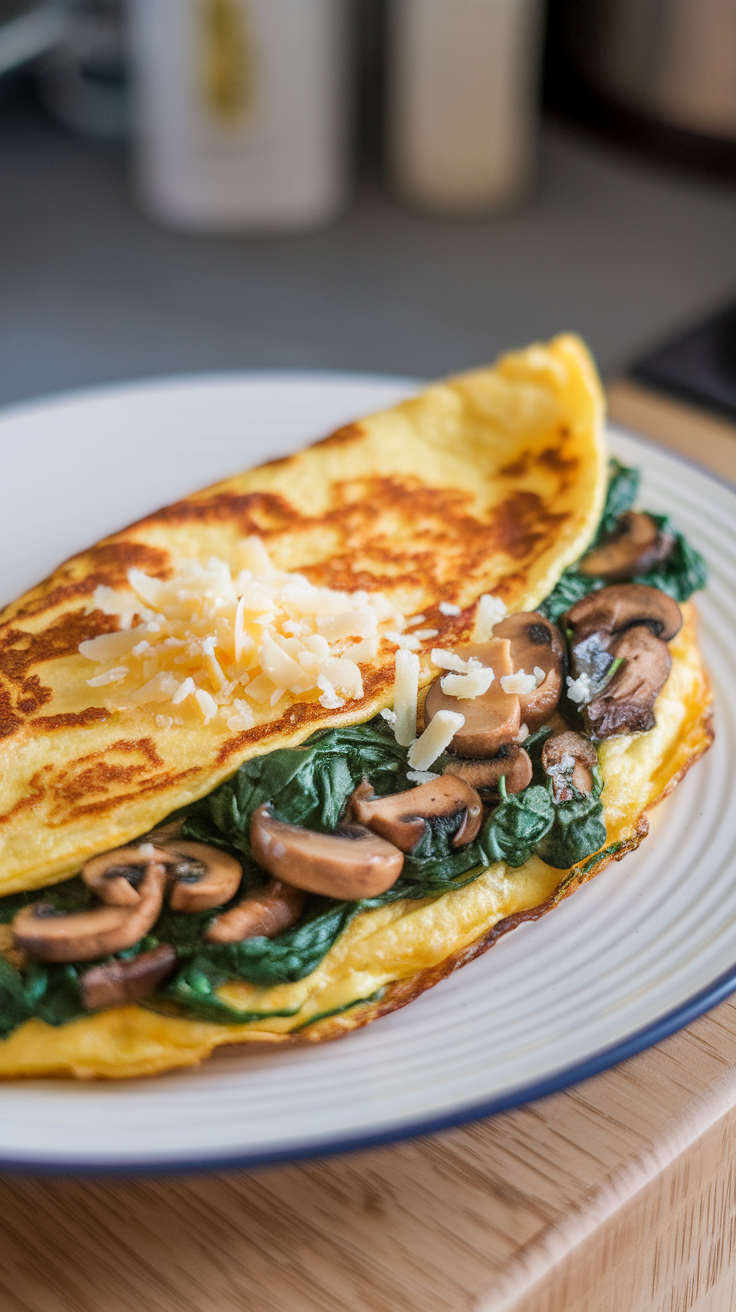 A delicious spinach and mushroom keto omelette served on a plate.