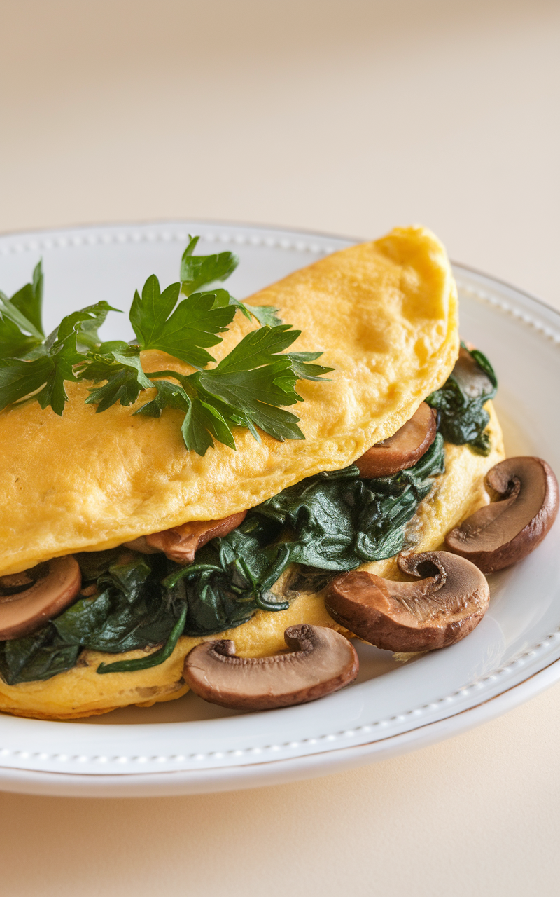 A spinach and mushroom omelette garnished with parsley on a plate.