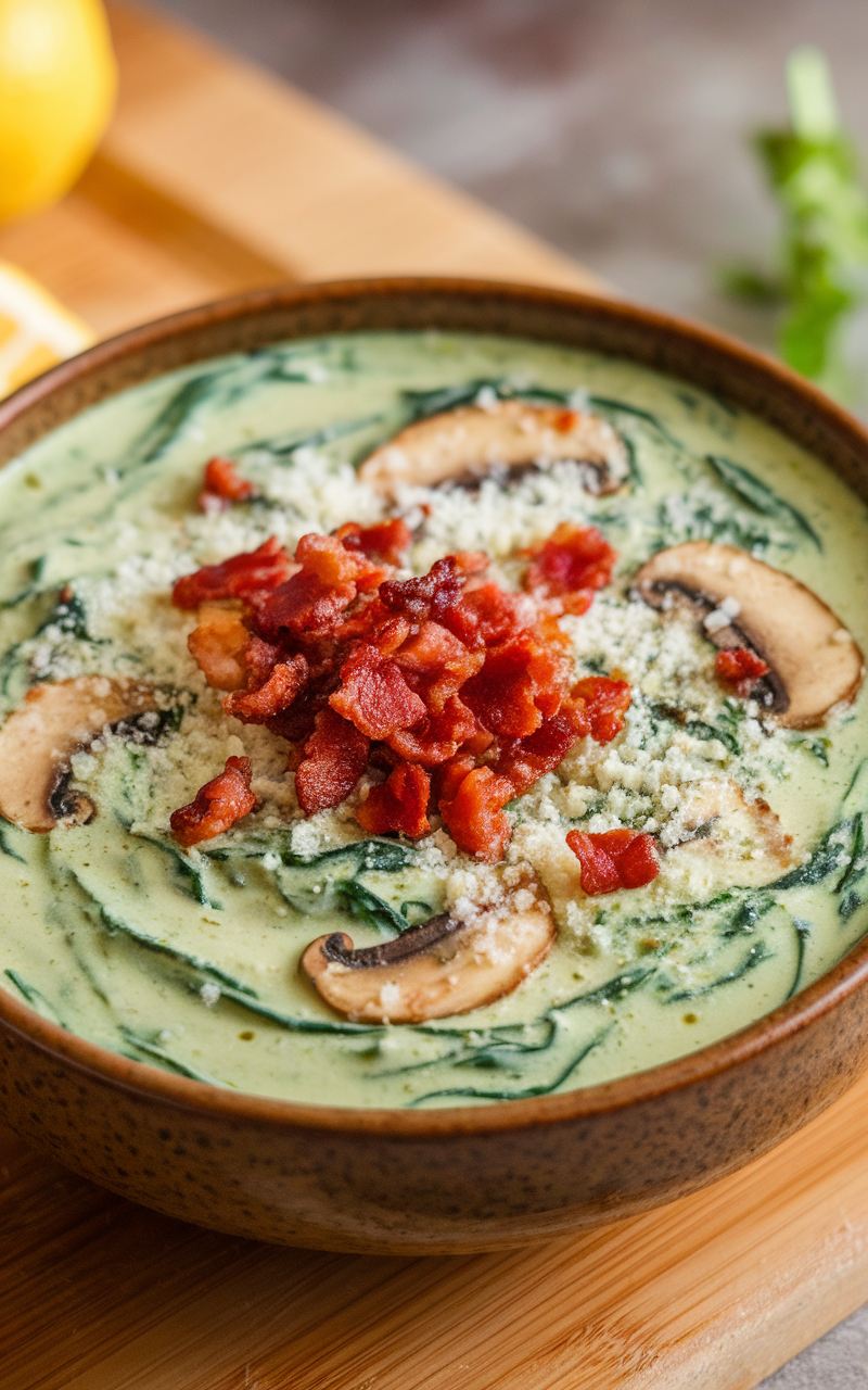 Bowl of Spinach & Mushroom Keto Soup garnished with bacon