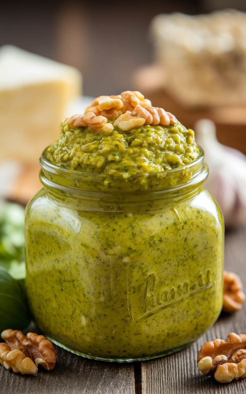 A jar filled with vibrant green spinach and walnut pesto topped with walnuts.