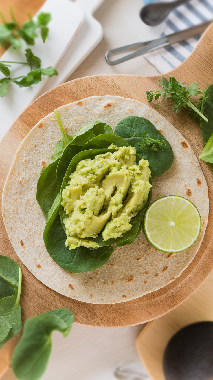 A close-up of a spinach and avocado keto wrap with lime slice, placed on a wooden board