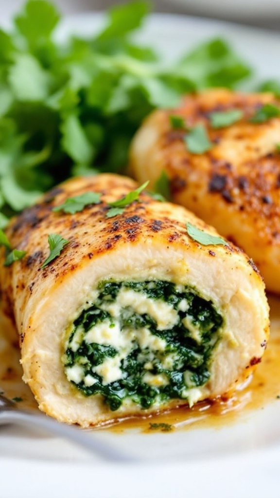 Delicious spinach and feta stuffed chicken on a plate.