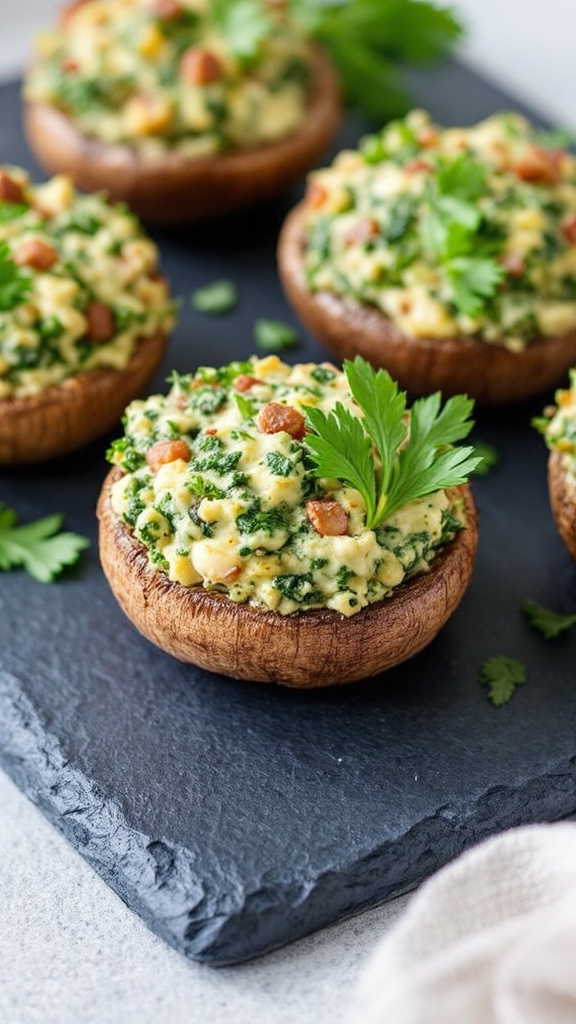 Spinach and feta stuffed mushrooms topped with herbs on a slate surface.