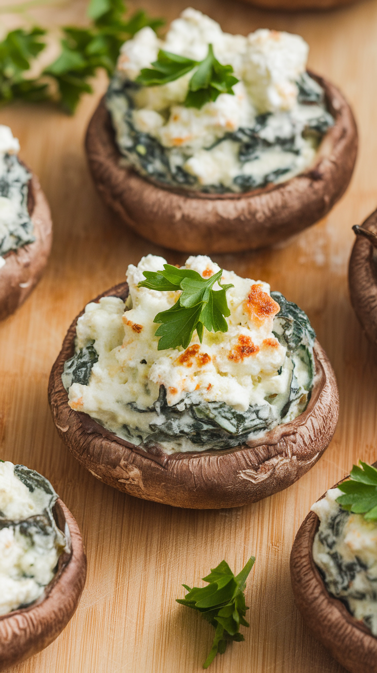 Spinach and feta stuffed mushrooms topped with parsley on a wooden board