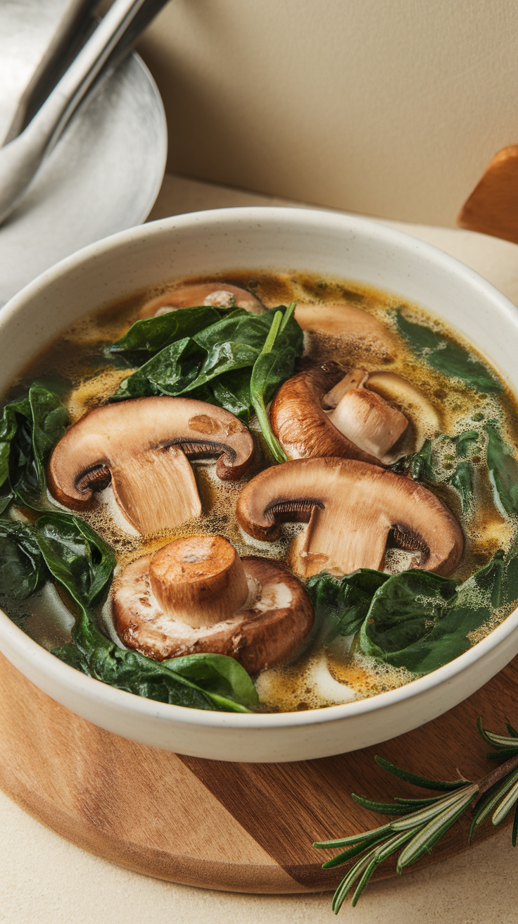 A warm bowl of spinach and mushroom soup garnished with fresh greens.