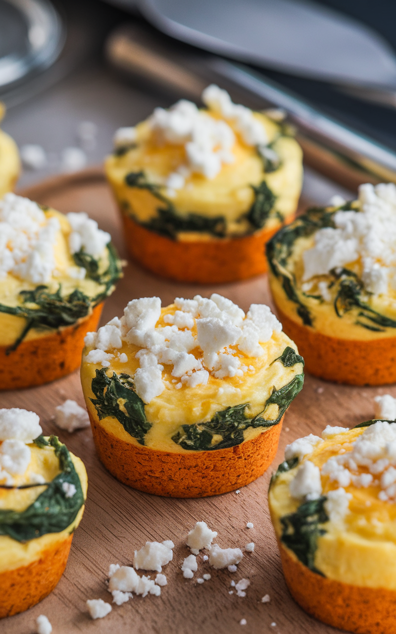 Delicious spinach feta keto egg muffins topped with crumbled feta cheese.