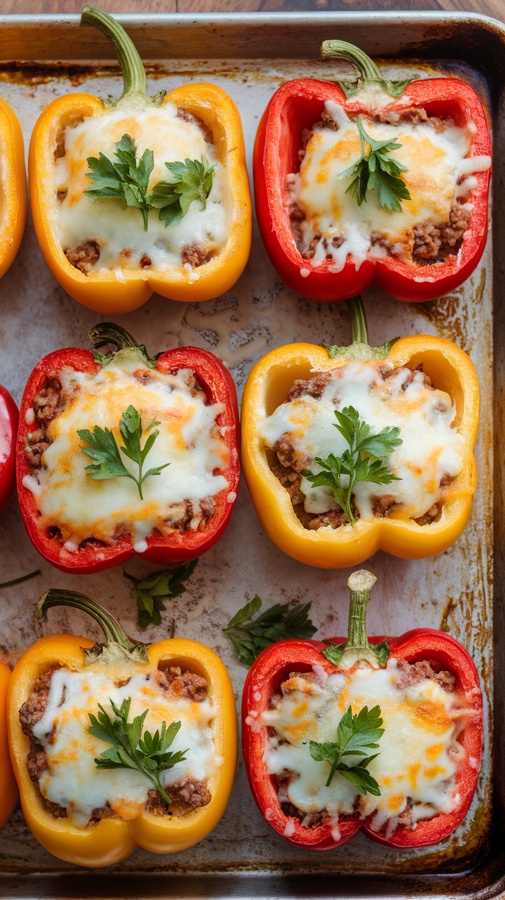 Stuffed bell peppers filled with meat and topped with cheese