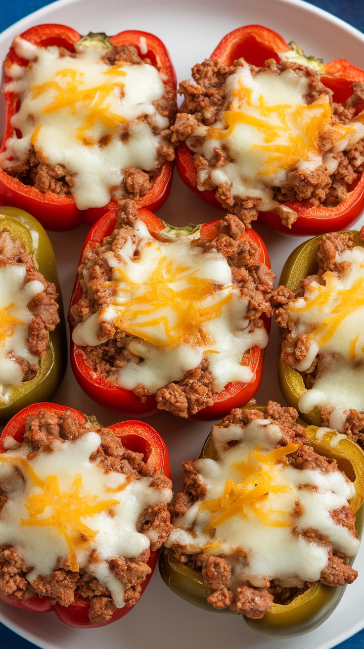 A plate of stuffed bell peppers filled with beef and topped with melted cheese.