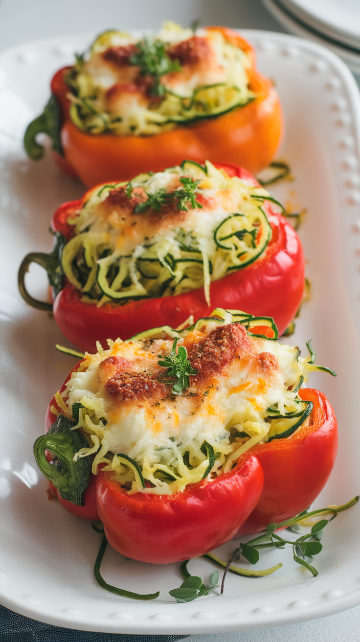 Plateful of stuffed bell peppers with zoodles, topped with melted cheese.