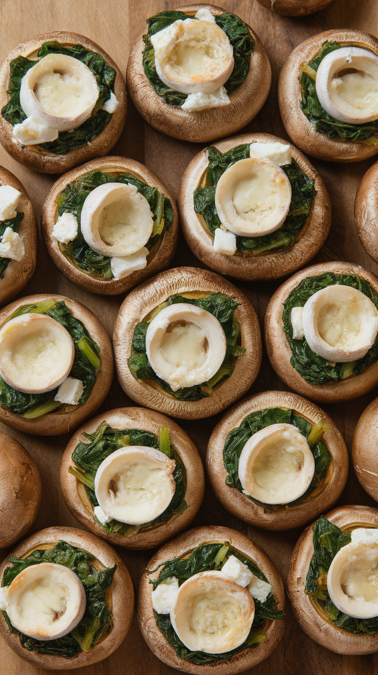 A close-up of stuffed mushrooms filled with spinach and feta cheese.