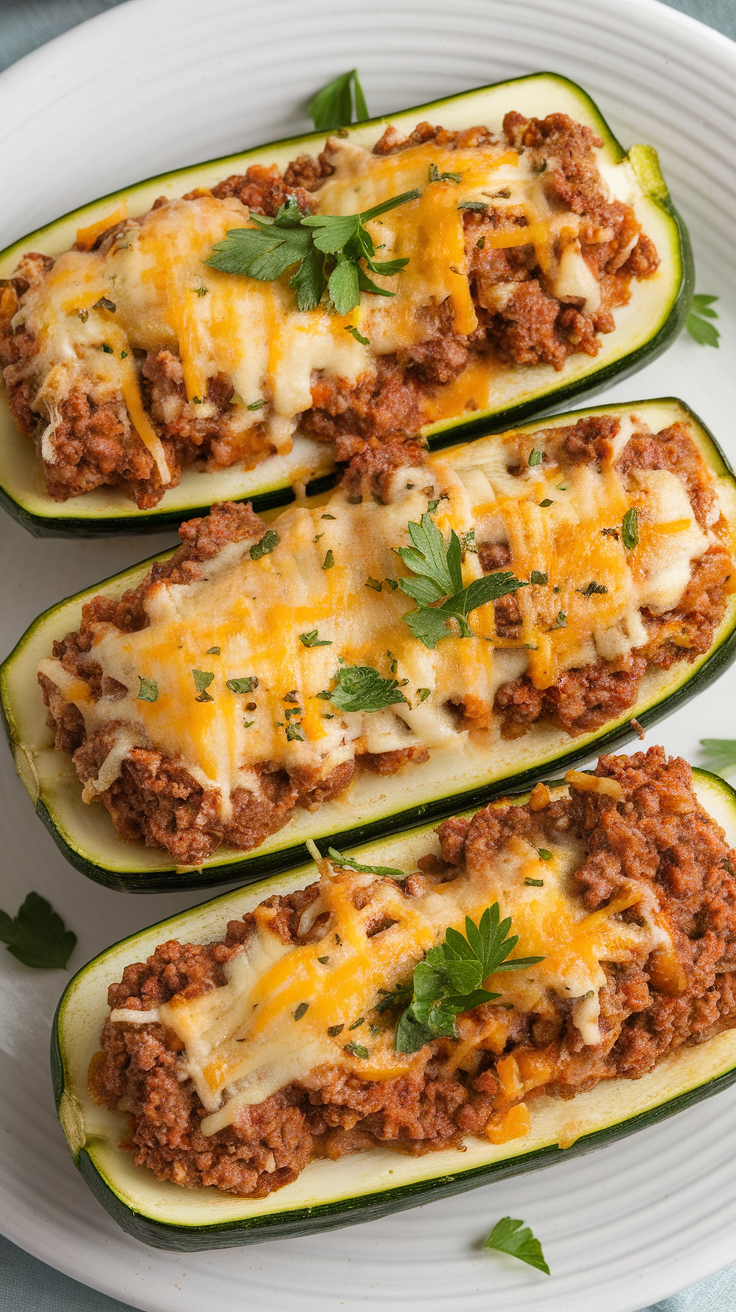 Three stuffed zucchini boats filled with cheese and meat on a platter, garnished with parsley.