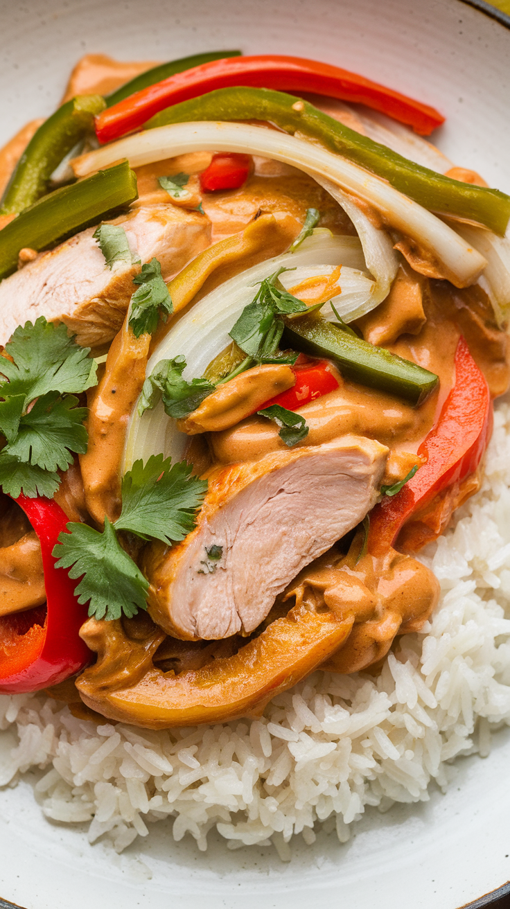 A vibrant Thai Peanut Chicken Stir-Fry served over rice, topped with fresh vegetables like bell peppers and cilantro.