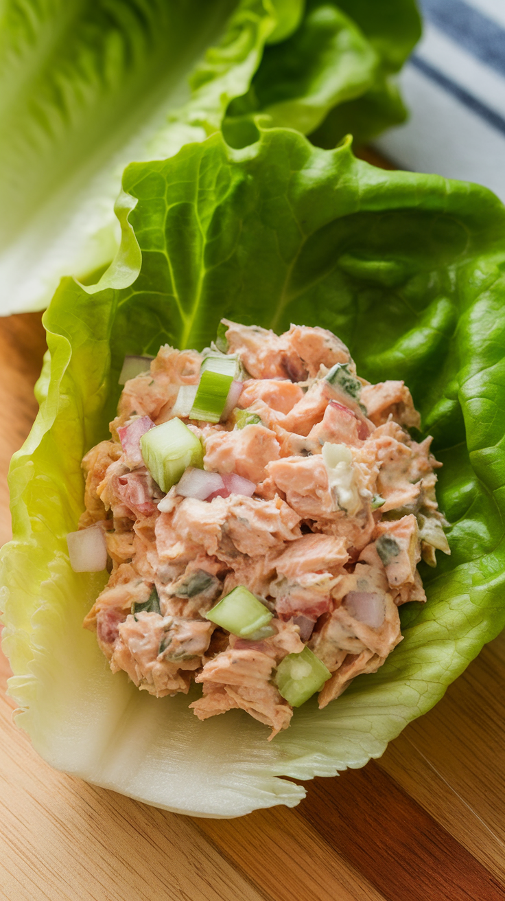 Tuna salad in a lettuce wrap on a wooden cutting board