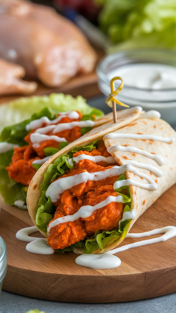 Zesty Buffalo Chicken Lettuce Wraps on a wooden plate