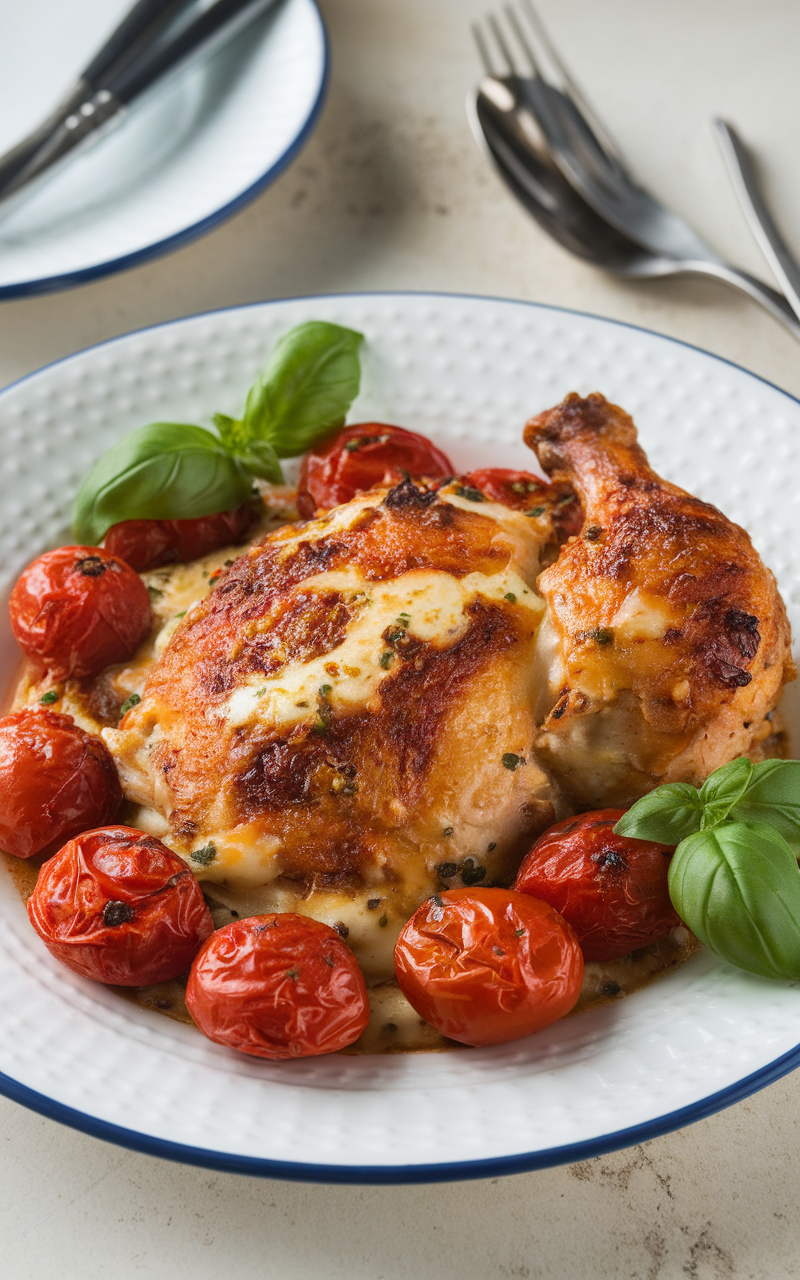 Plate of Zesty Italian Baked Chicken with cherry tomatoes and fresh basil