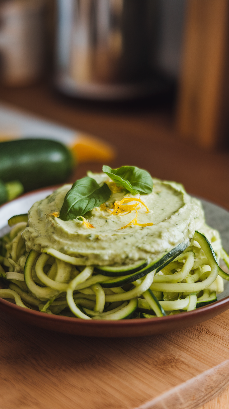 A plate of zoodles topped with creamy avocado sauce and garnished with basil and orange zest.