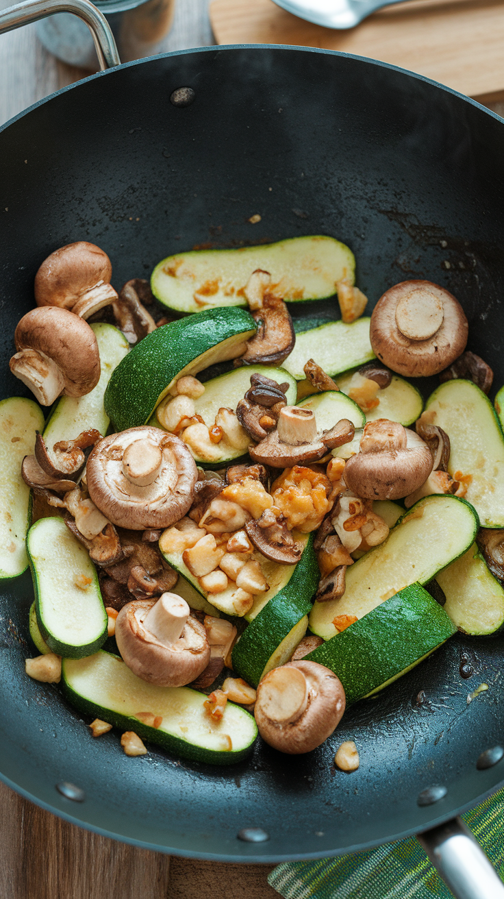 A pan with sliced zucchini and mushrooms being stir-fried.