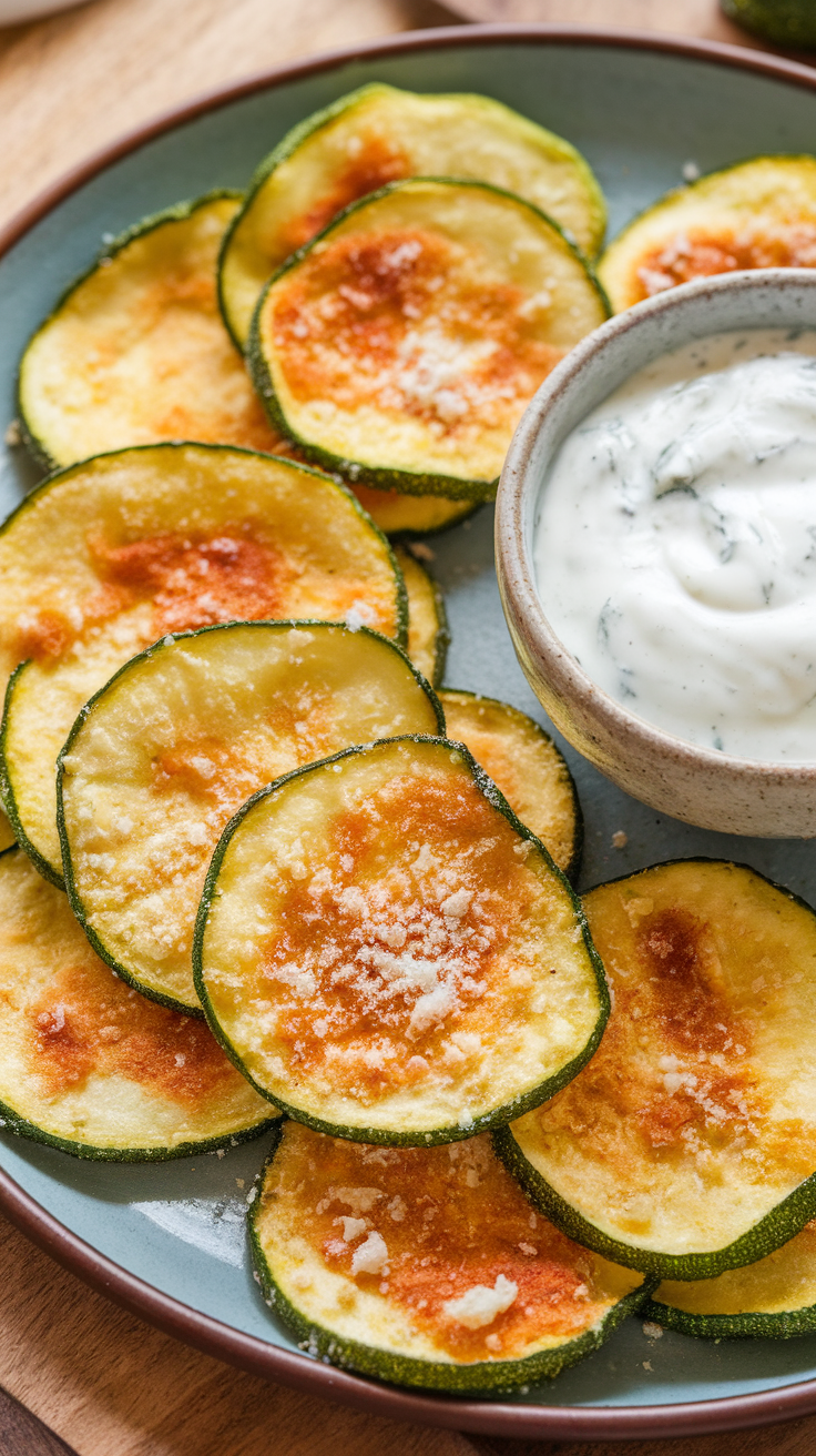 A plate of crispy zucchini chips with a side of ranch dip.