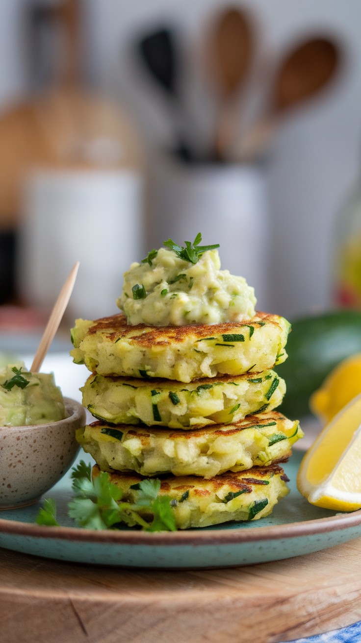 Plate of zucchini fritters topped with avocado salsa, with lemon on the side.