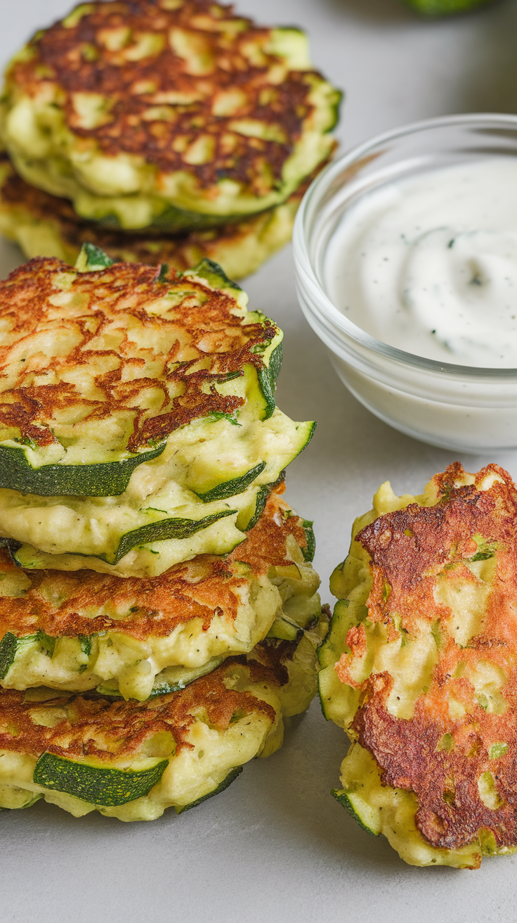 Stack of zucchini fritters with a bowl of Greek yogurt sauce