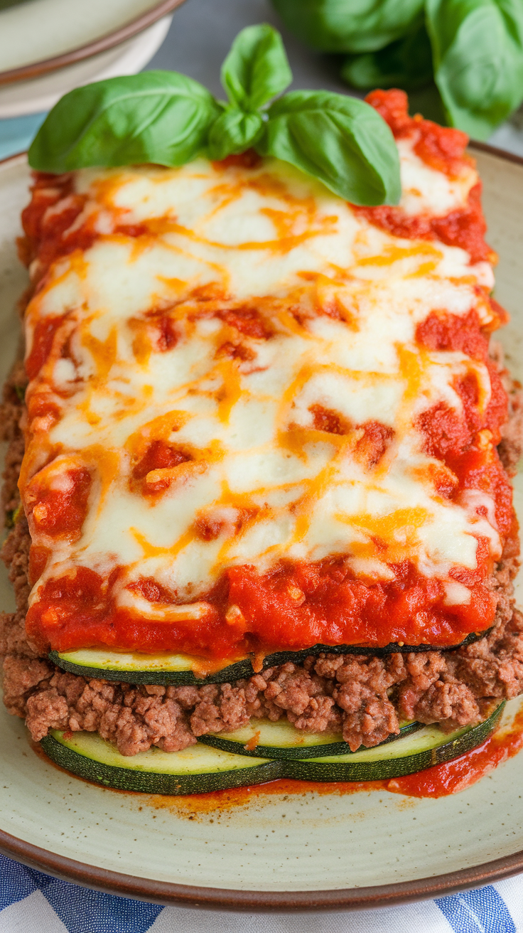 A serving of zucchini lasagna topped with basil and cheese.