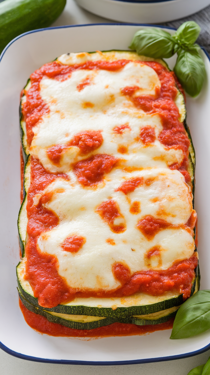 Zucchini lasagna topped with tomato sauce and cheese.