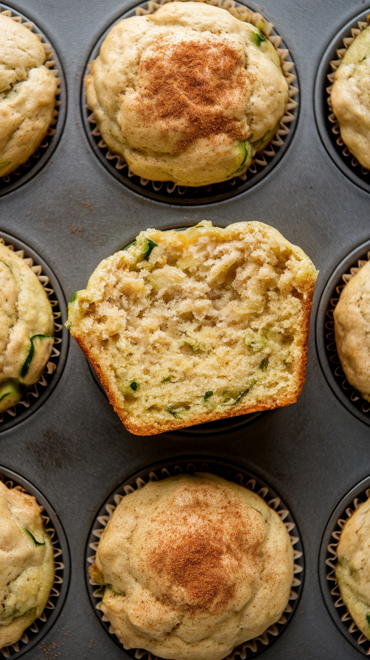 Freshly baked zucchini muffins with almond flour in a muffin tray.