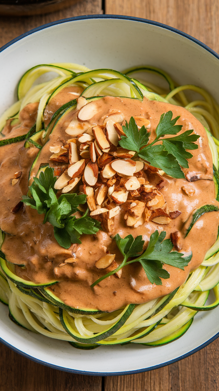 A bowl of zucchini noodles topped with almond cream sauce, chopped almonds, and parsley.