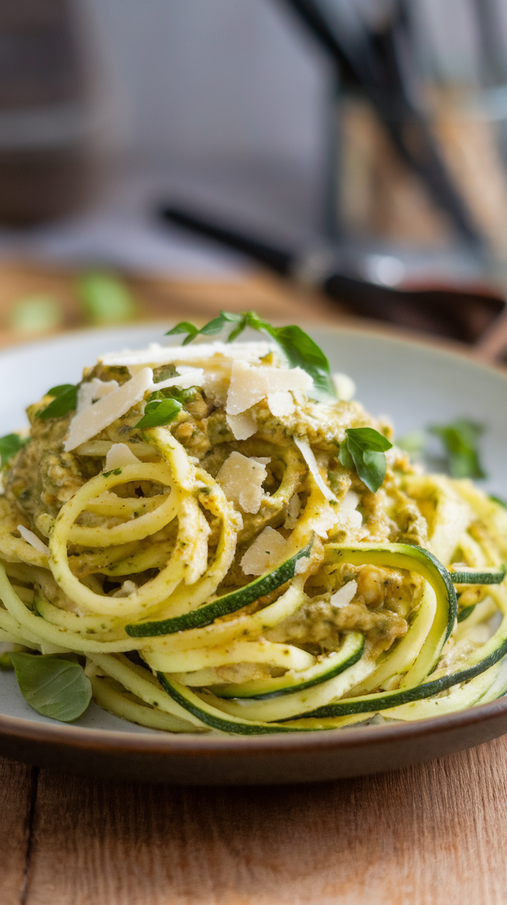 A plate of zucchini noodles topped with almond pesto and garnished with cheese and fresh herbs.