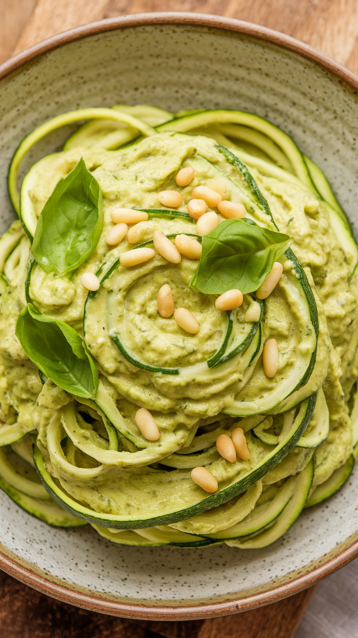 Bowl of zucchini noodles topped with avocado pesto and pine nuts